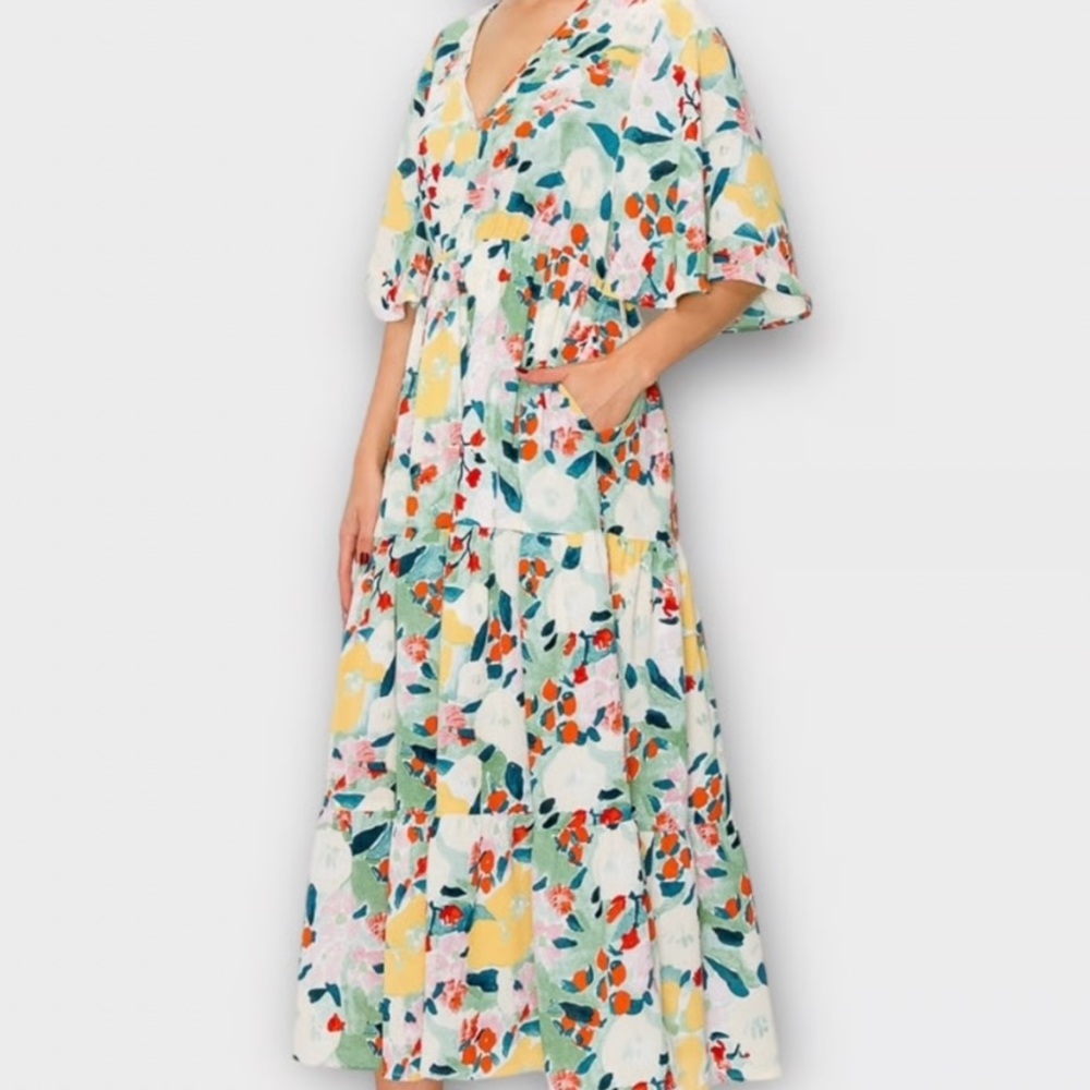MELLODAY Pink and Yellow V-Neck Dolman Sleeve Maxi Dress